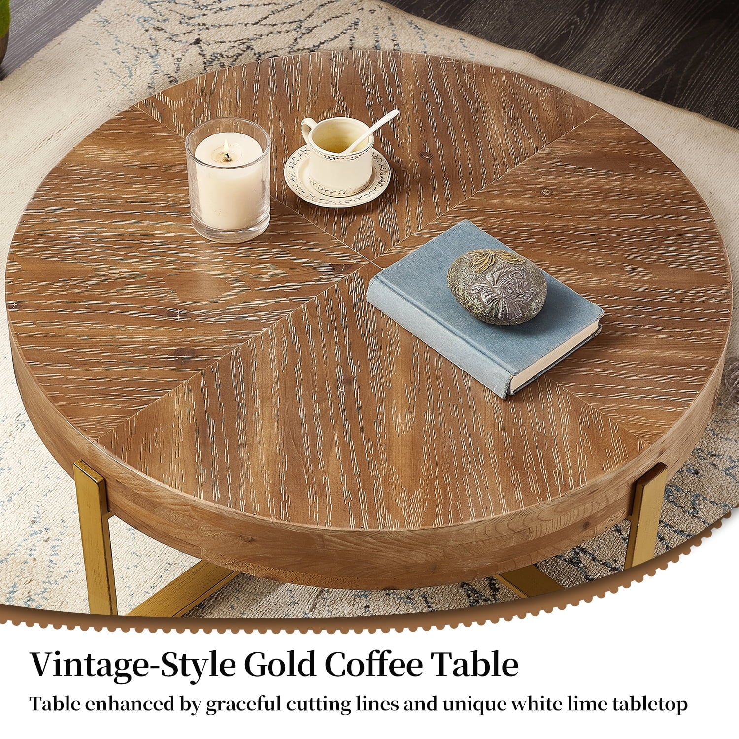 Coffee Table, 32" round Wood Center Table for Living Room, Mid Century Modern Farmhouse round Coffee Table with Gold Metal Legs, Brown