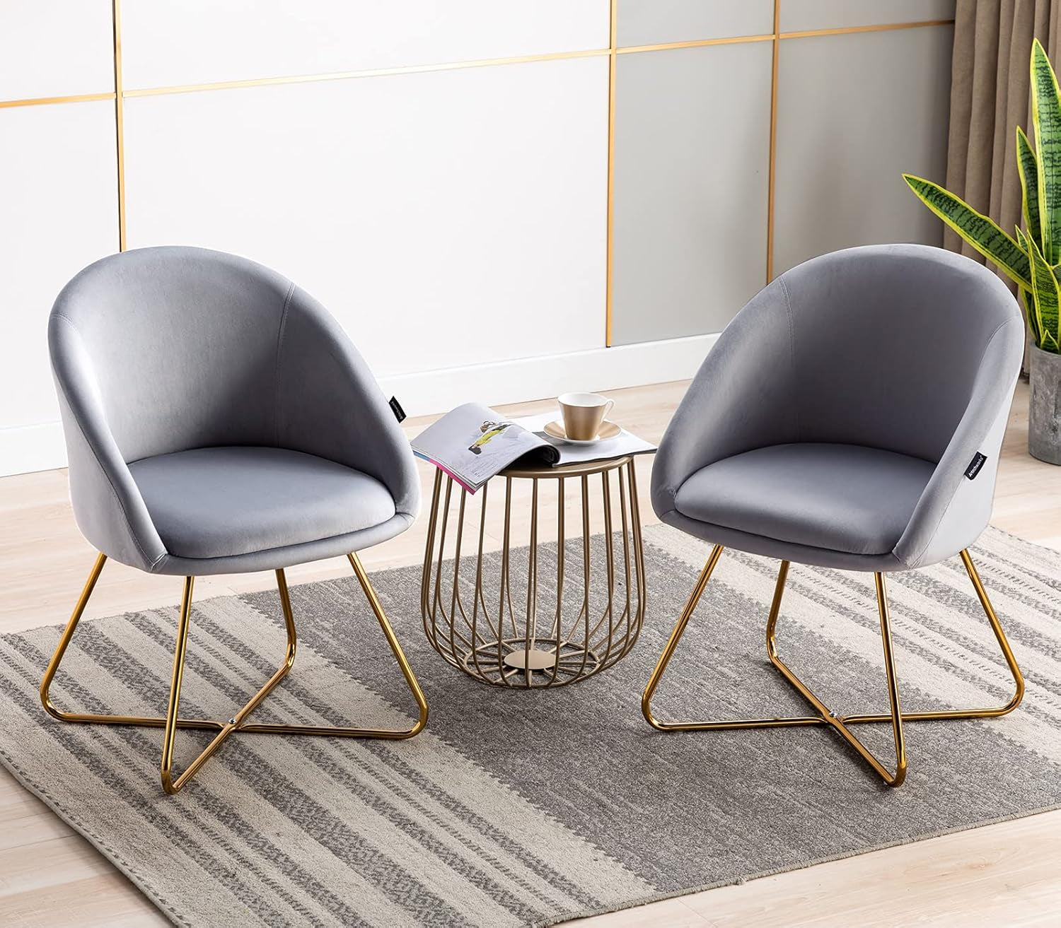 Modern Velvet Dinning Chair with Golden Legs, Lounge Chair Set of 2, Accent Armchair for Living Dining Room Bedroom Reception Chair, Grey