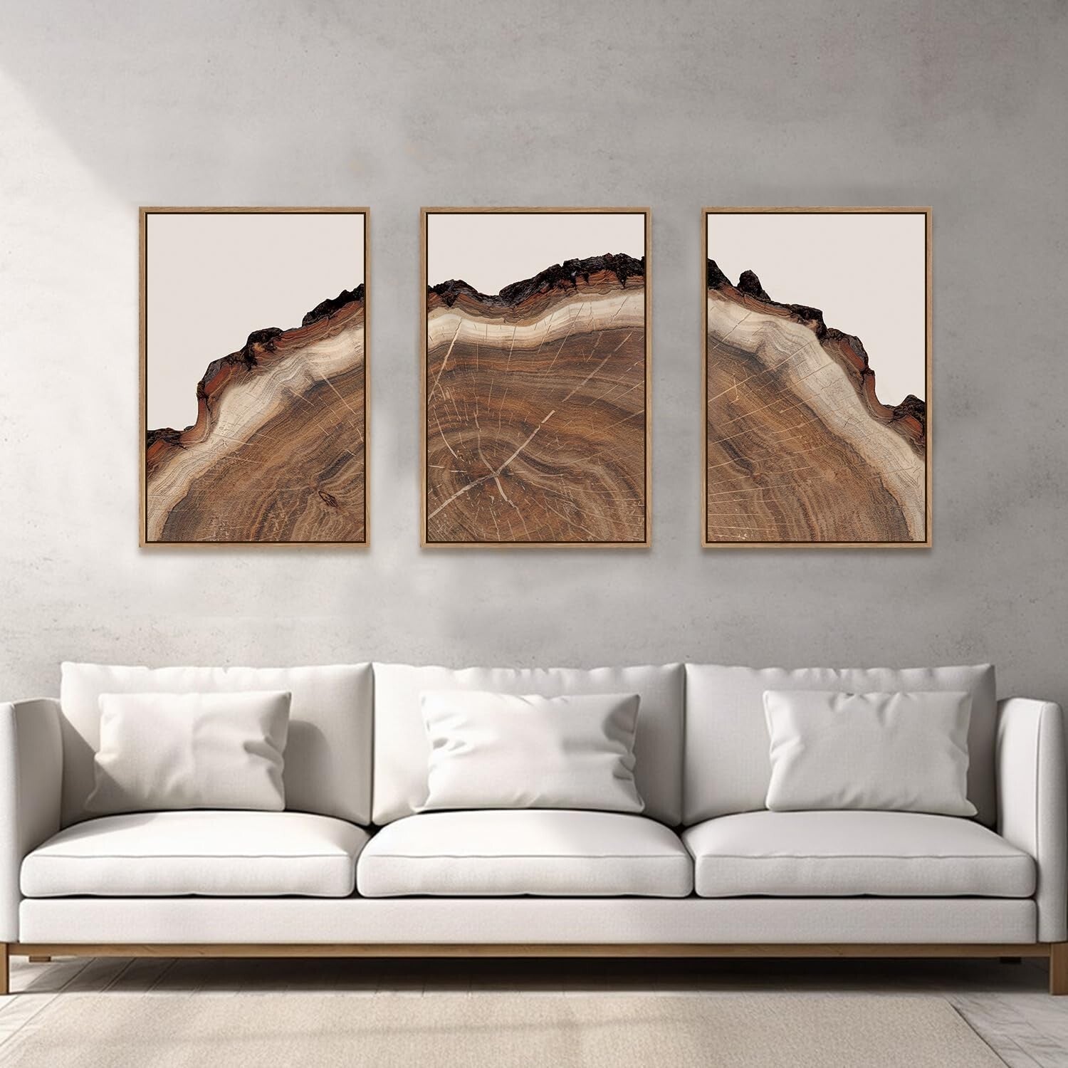 HPINUB Framed Tree Rings Wood Wall Art Set, Modern Beige Wood Stump Wall Deco...