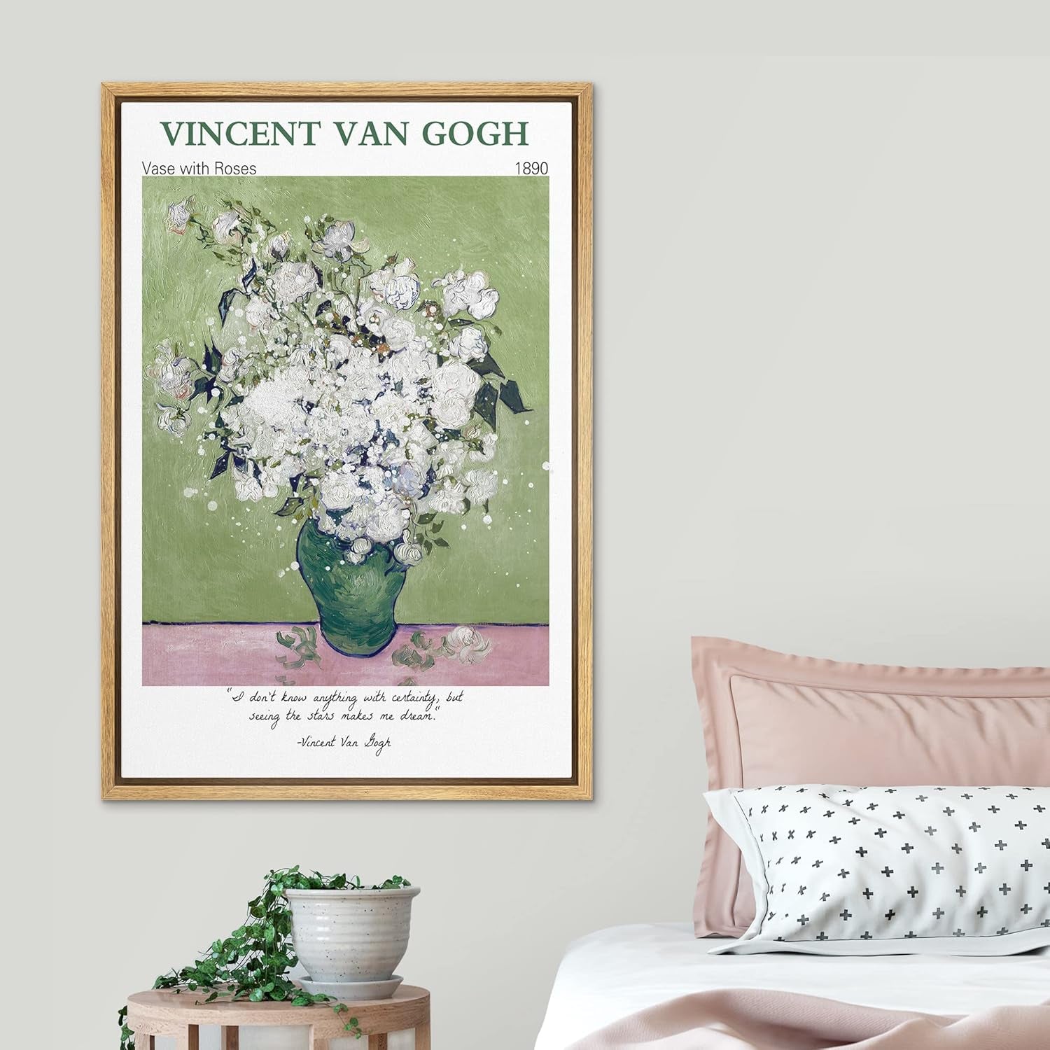 Framed Canvas Print Wall Art Van Gogh Vase with White Roses Floral Brushstroke Illustrations Expressionism Traditional Colorful Multicolor Pastel for Living Room, Bedroom, Office - 24"X36" Natural