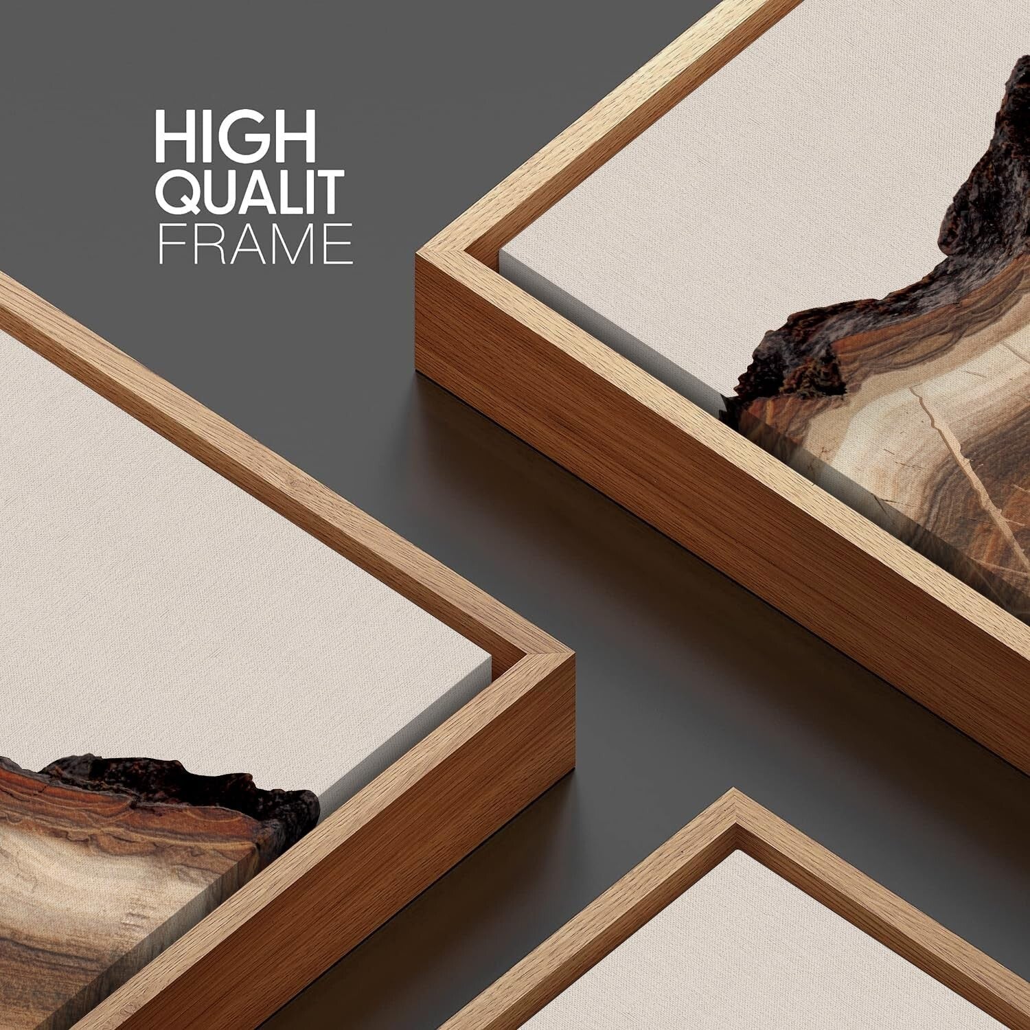 HPINUB Framed Tree Rings Wood Wall Art Set, Modern Beige Wood Stump Wall Deco...
