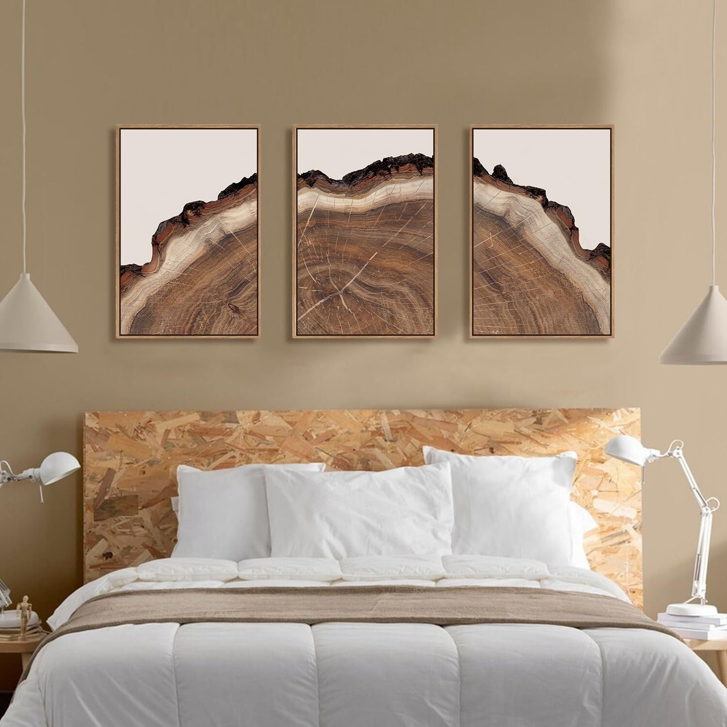 HPINUB Framed Tree Rings Wood Wall Art Set, Modern Beige Wood Stump Wall Deco...