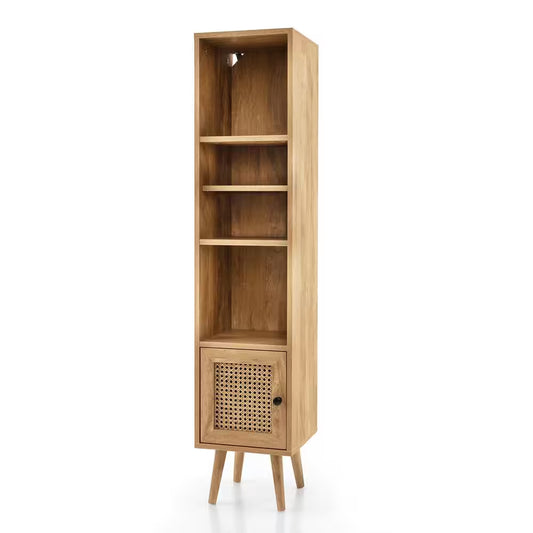 Natural Rattan Storage Cabinet Freestanding Slim Organizer Wood Display Rack Living Room