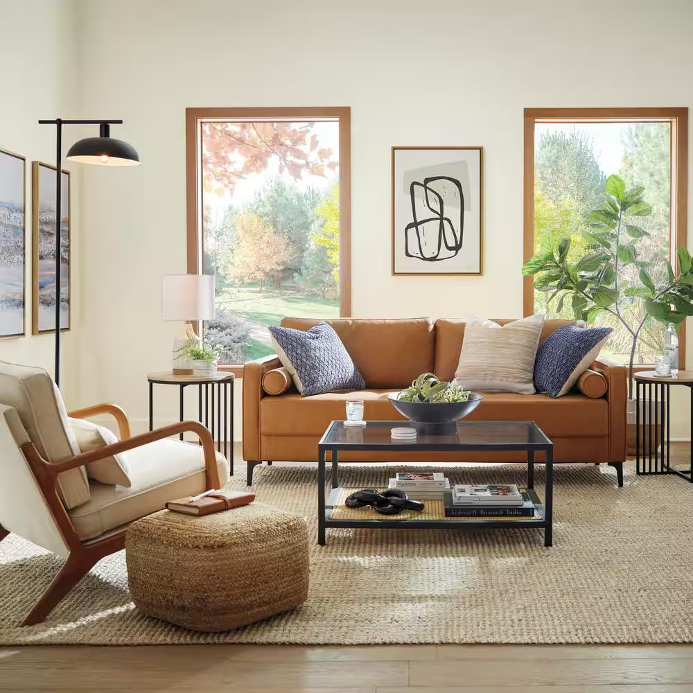 Goodwin 75.6 In. Square Arm Faux Leather Mid-Century Modern Sofa with Bolster Pillows in Caramel Brown