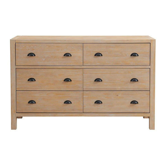 Arden 6-Drawer Double Dresser, Solid Pine Wood, Modern Rustic Design Bedroom Furniture in Light Driftwood Finish