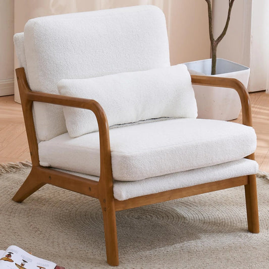Modern Wood Club Chair Teddy Velvet Fabric Upholstered Reading Accent Chair with Solid Wood Frame Beige