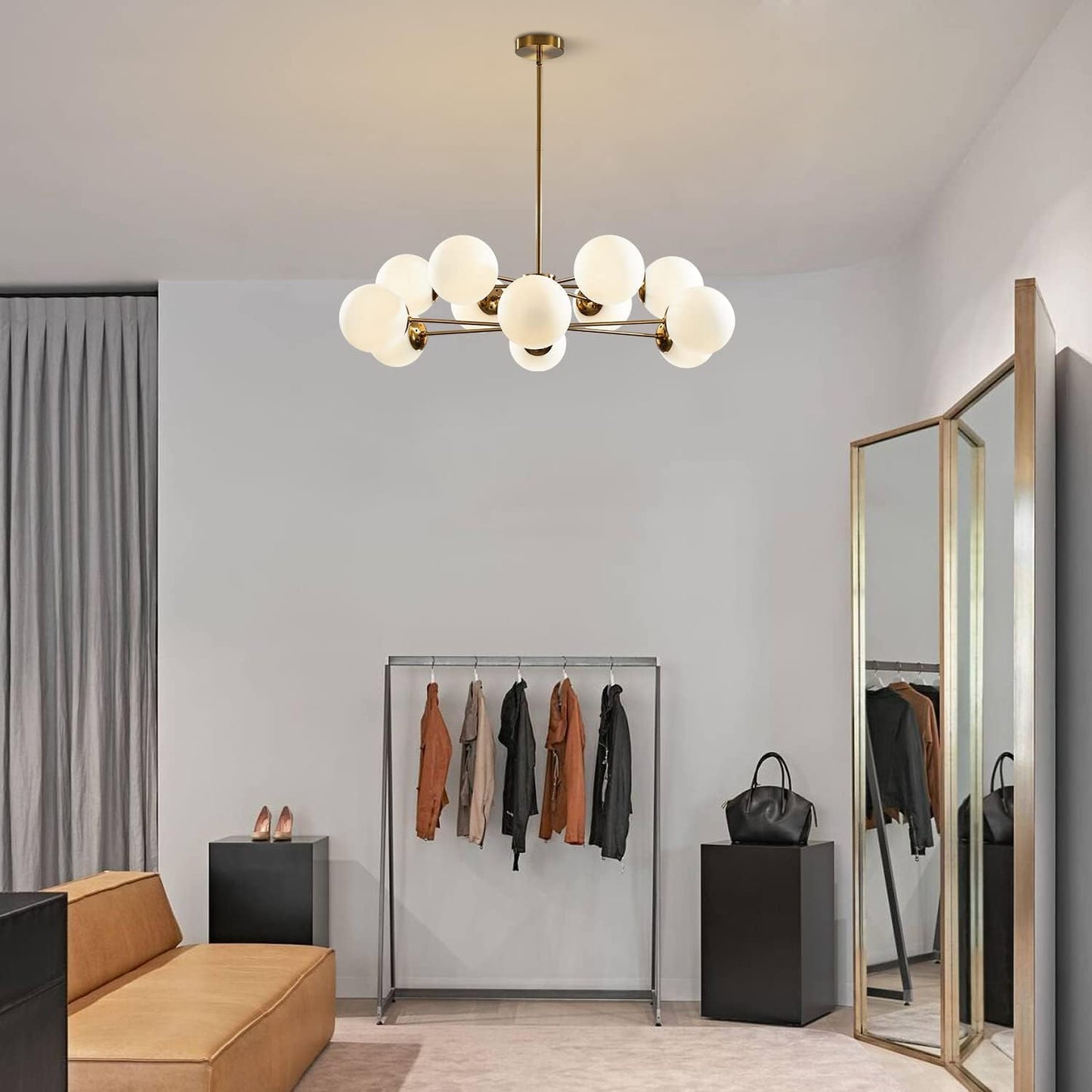 Lighting 12-Light Glass Globe Sputnik Chandelier Light Fixture Mid Century Modern Chandeliers Brushed Brass Chandelier Milk White Glass Ceiling Light Fixture (Gold+White)