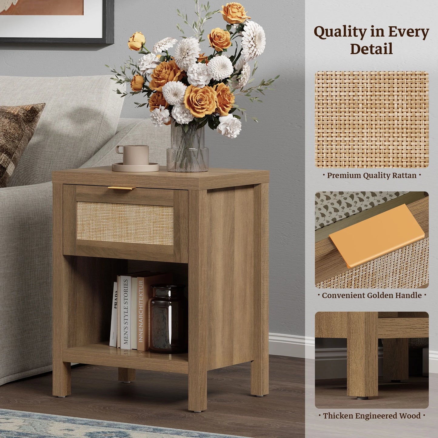 Rattan Nightstand Bedside Table with Drawer and Storage Shelf,Natural Boho Night Stand End Table Side Table for Bedroom, Living Room