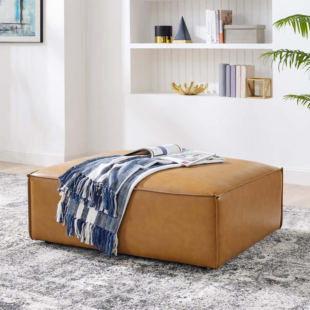 Restore Modern Upholstered Faux Leather Ottoman in Tan