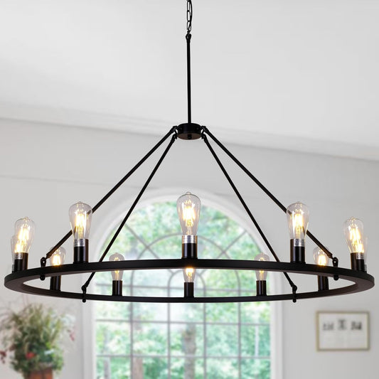W47'' Wagon Wheel Chandelier Large round Chandeliers for Living Room Foyer Rustic Rod Iron Lighting Fixture Farmhouse Industrial Island Lights Hotel Church Cafe Shops Chandelier