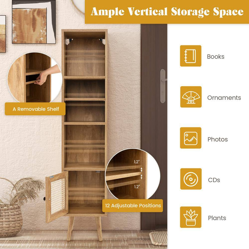 Natural Rattan Storage Cabinet Freestanding Slim Organizer Wood Display Rack Living Room