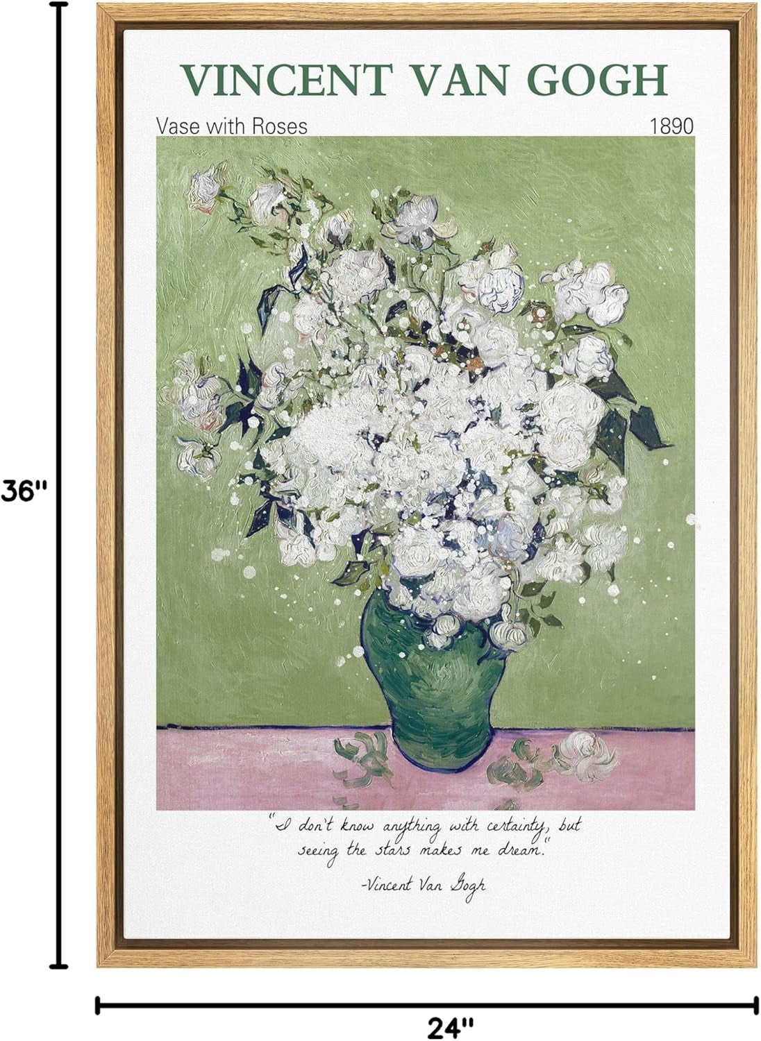 Framed Canvas Print Wall Art Van Gogh Vase with White Roses Floral Brushstroke Illustrations Expressionism Traditional Colorful Multicolor Pastel for Living Room, Bedroom, Office - 24"X36" Natural