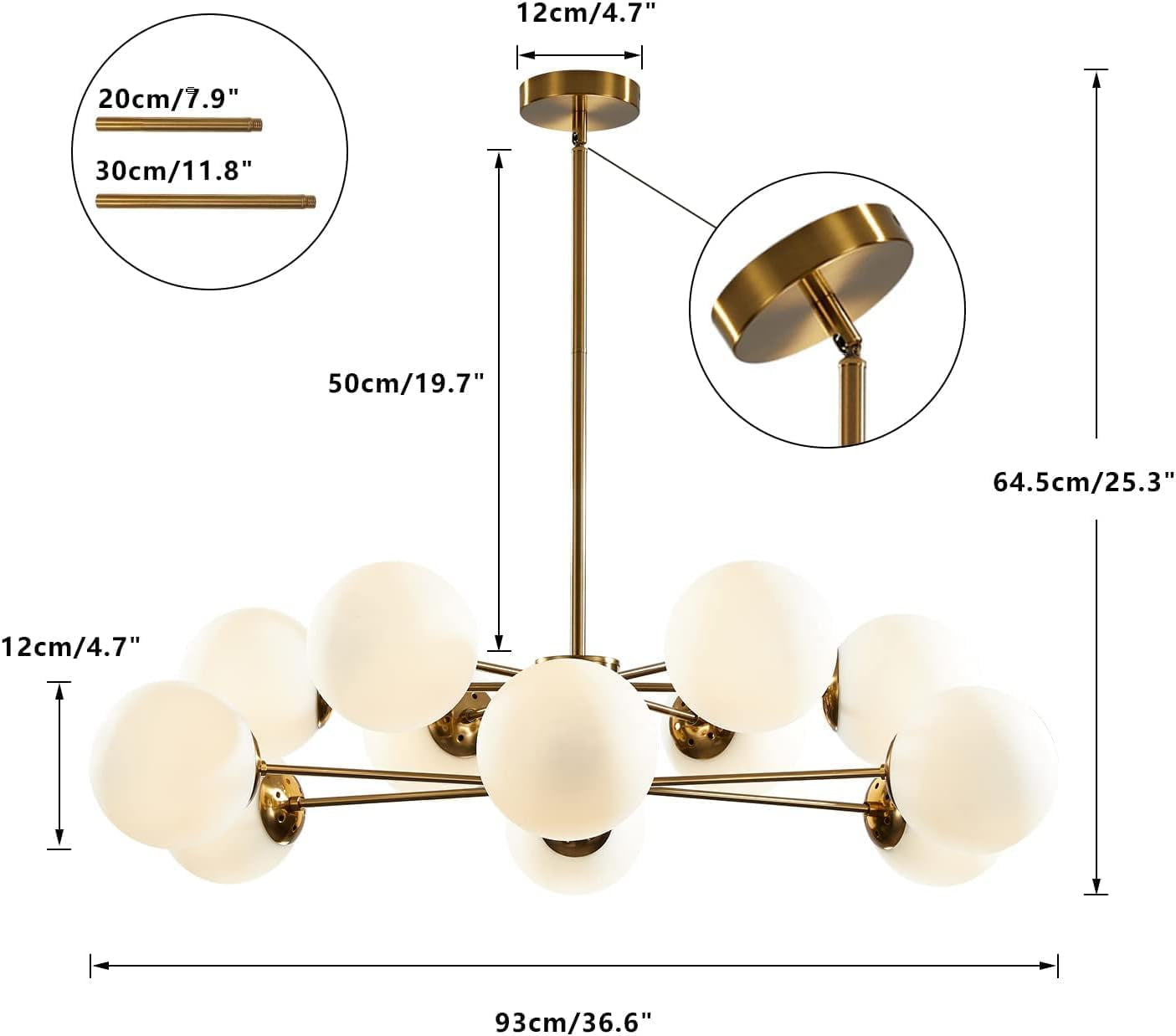 Lighting 12-Light Glass Globe Sputnik Chandelier Light Fixture Mid Century Modern Chandeliers Brushed Brass Chandelier Milk White Glass Ceiling Light Fixture (Gold+White)