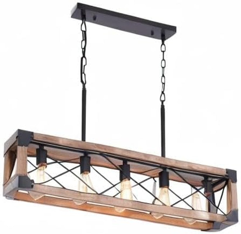 Farmhouse Kitchen Island Lighting, 5-Light Dining Room Light Fixture, Farmhouse Linear Chandelier with Solid Wood for Dining Room Kitchen Bar Pool Table