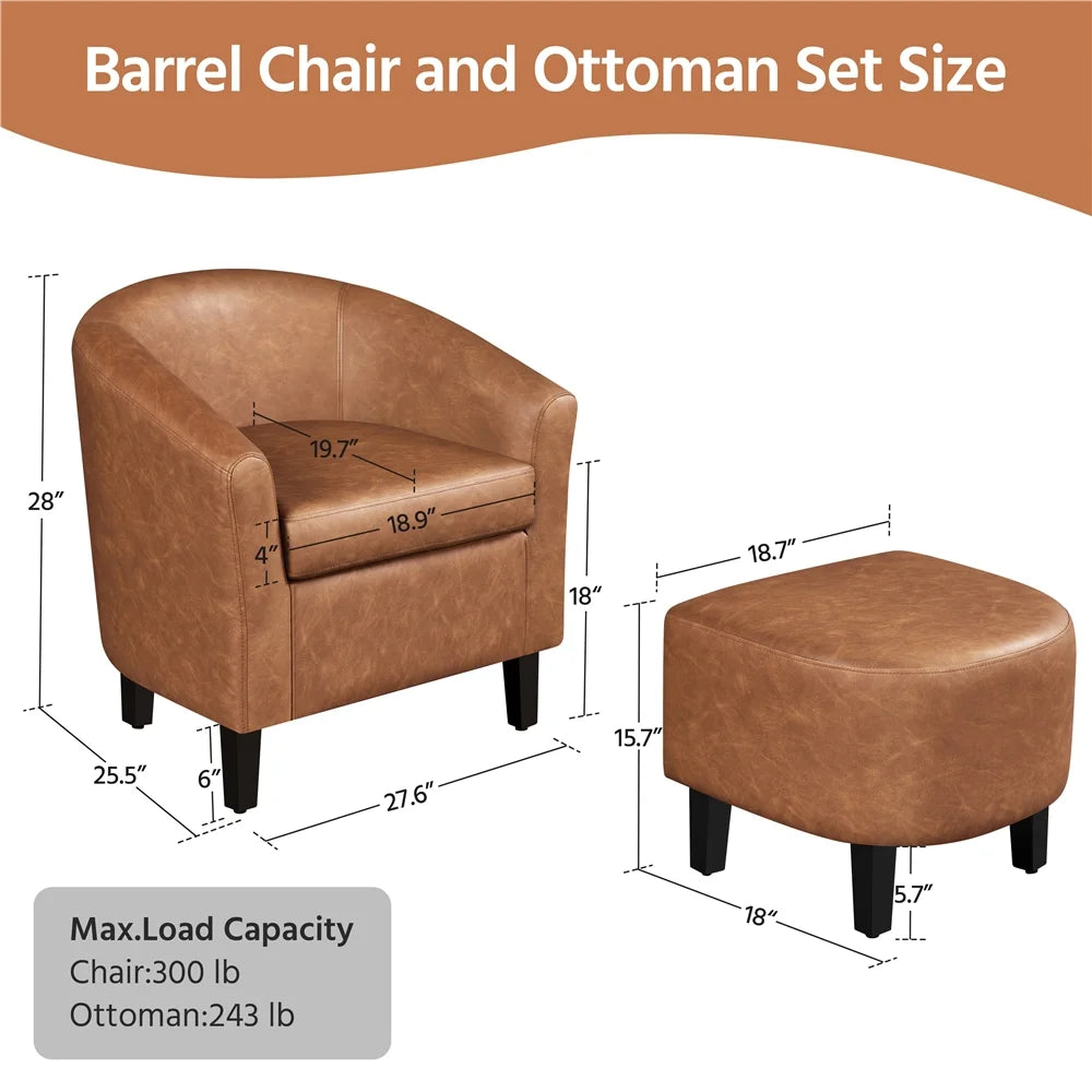 Barrel Accent Chair with Ottoman, Brown Faux Leather