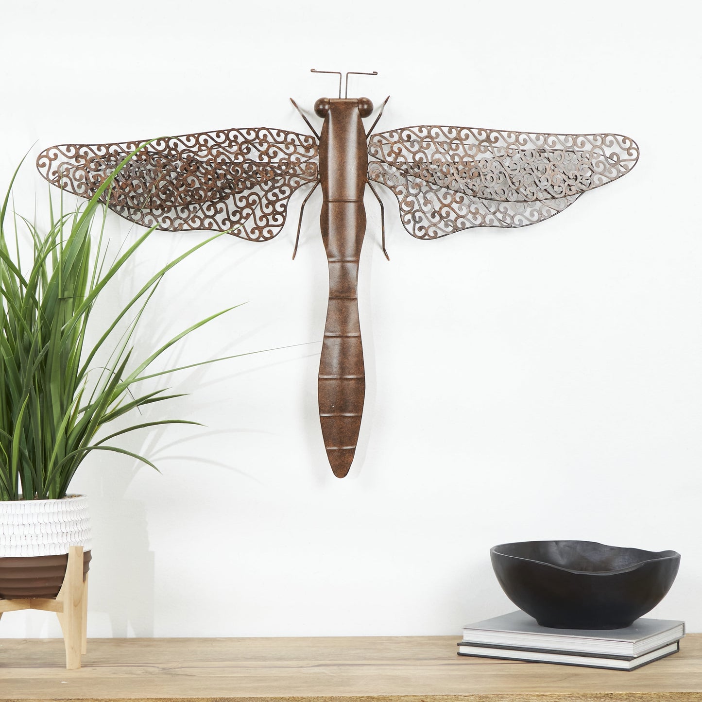 Rustic Metal Dragon Fly with Filligree Scroll Wing Pattern with Brown Textured Finish Wall Décor , 40"W X 30"H
