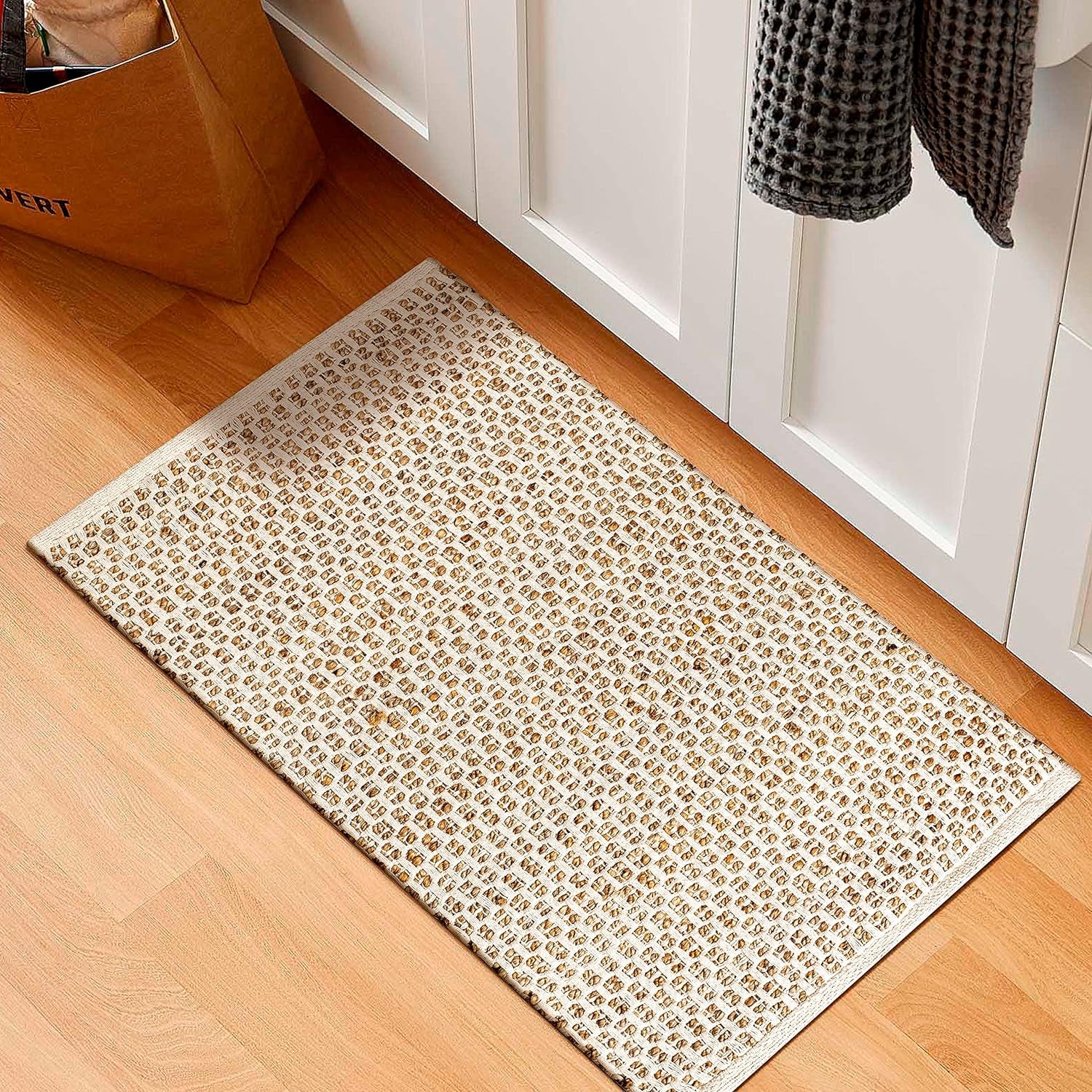 Jute Cotton Rug 2X3 Feet (24X36 Inches) Hand Woven by Skilled Artisans, Farmhouse Style, for Any Room of Your Home Décor – Honeycomb Weave Construction - Natural Jute Cotton Rug