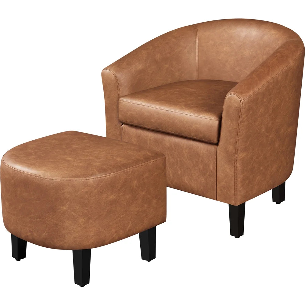 Barrel Accent Chair with Ottoman, Brown Faux Leather