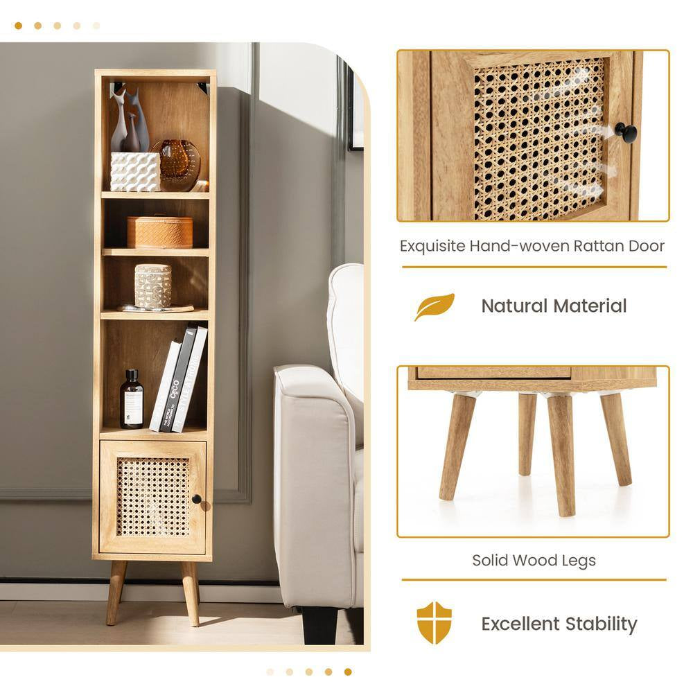 Natural Rattan Storage Cabinet Freestanding Slim Organizer Wood Display Rack Living Room