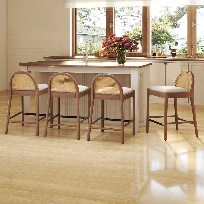 Emington Modern Stools with Rattan Backrests and Wood Frame