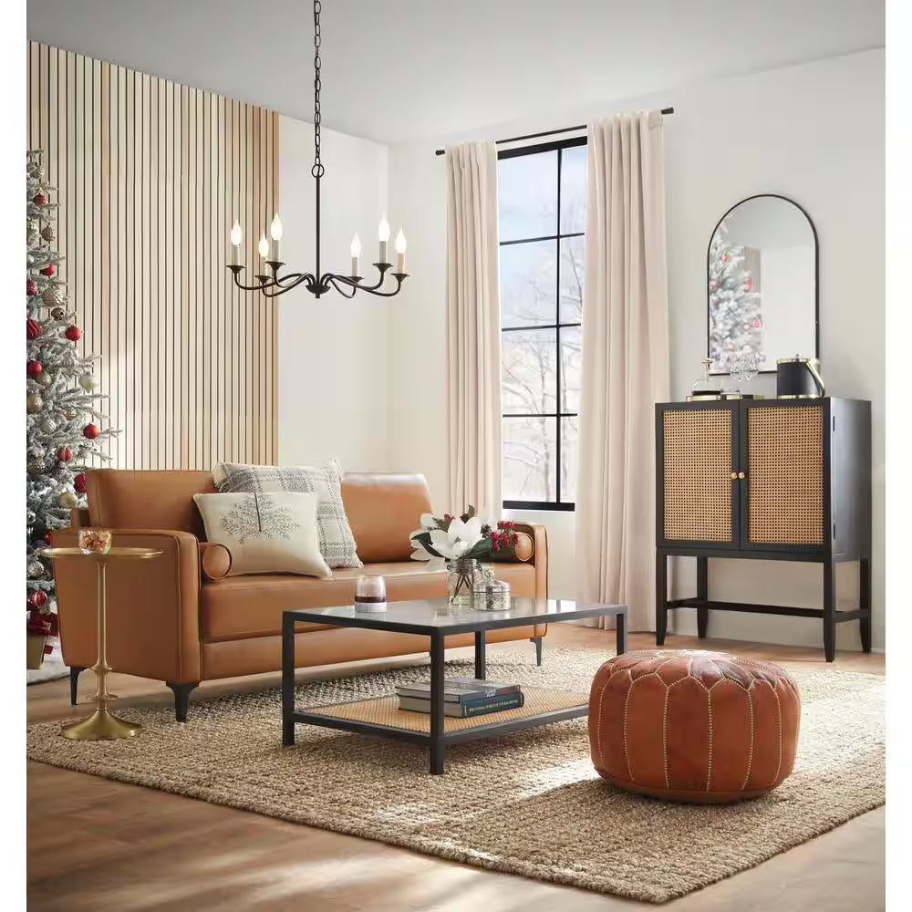 Goodwin 75.6 In. Square Arm Faux Leather Mid-Century Modern Sofa with Bolster Pillows in Caramel Brown
