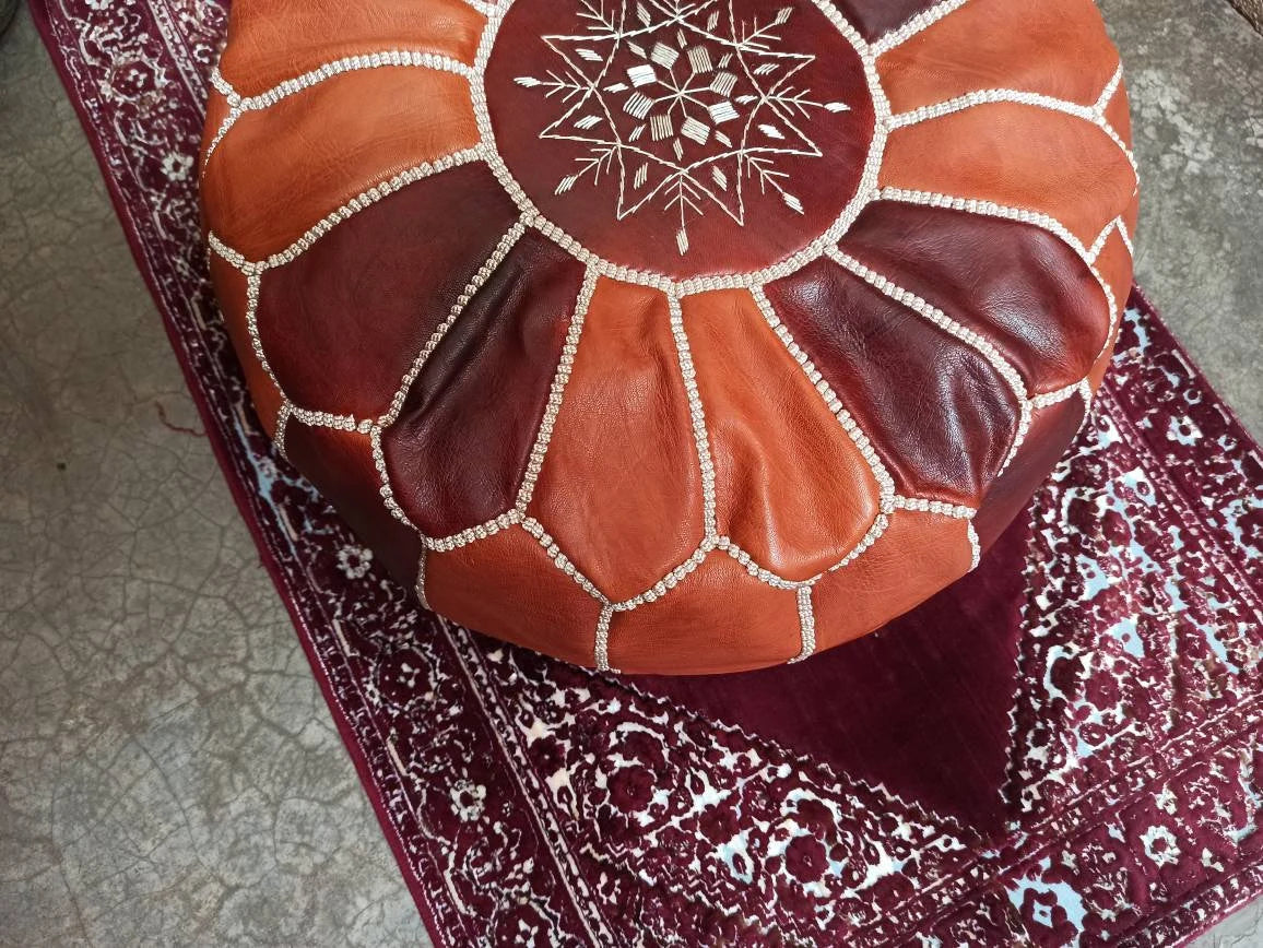 Pouf En Cuir Ottoman Couleurs Mélangées Marron Et Brun Foncé Fait À La Main Marocain Foulon En Cuir Véritable - Pouf Ottoman Repose-Pieds
