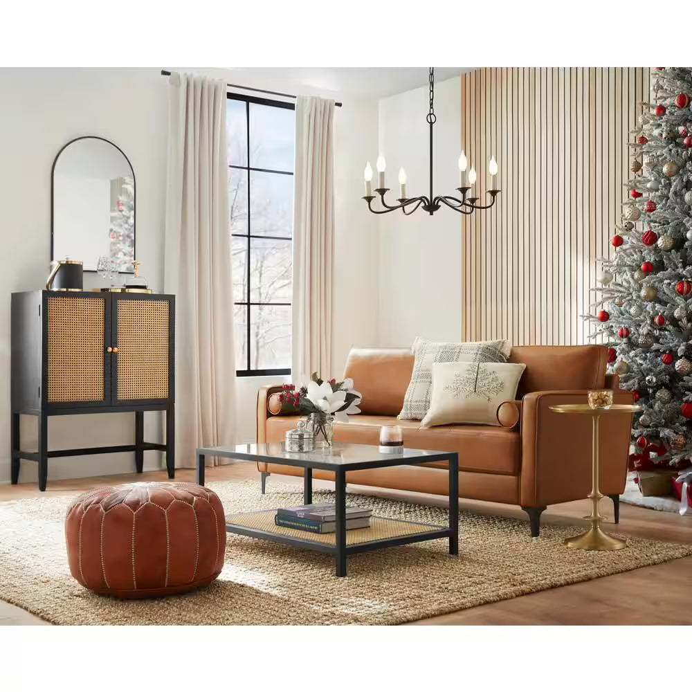 Goodwin 75.6 In. Square Arm Faux Leather Mid-Century Modern Sofa with Bolster Pillows in Caramel Brown