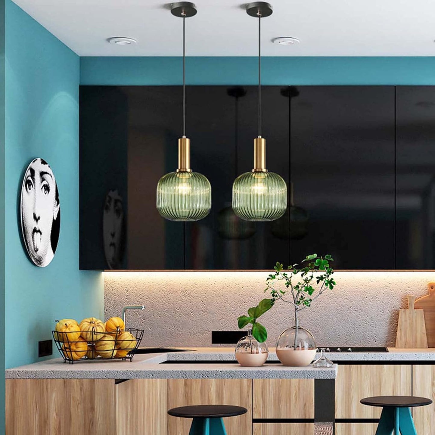 MZSUS 7.8'' Glass Pendant Light,Gold Copper Pendant Light Socket with Green Glass Pendant Lamp Shade,Led Hanging Lamp (Green)