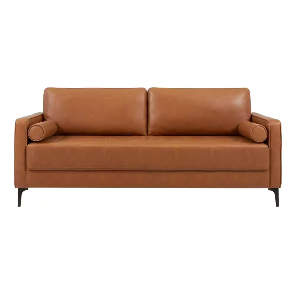 Goodwin 75.6 In. Square Arm Faux Leather Mid-Century Modern Sofa with Bolster Pillows in Caramel Brown