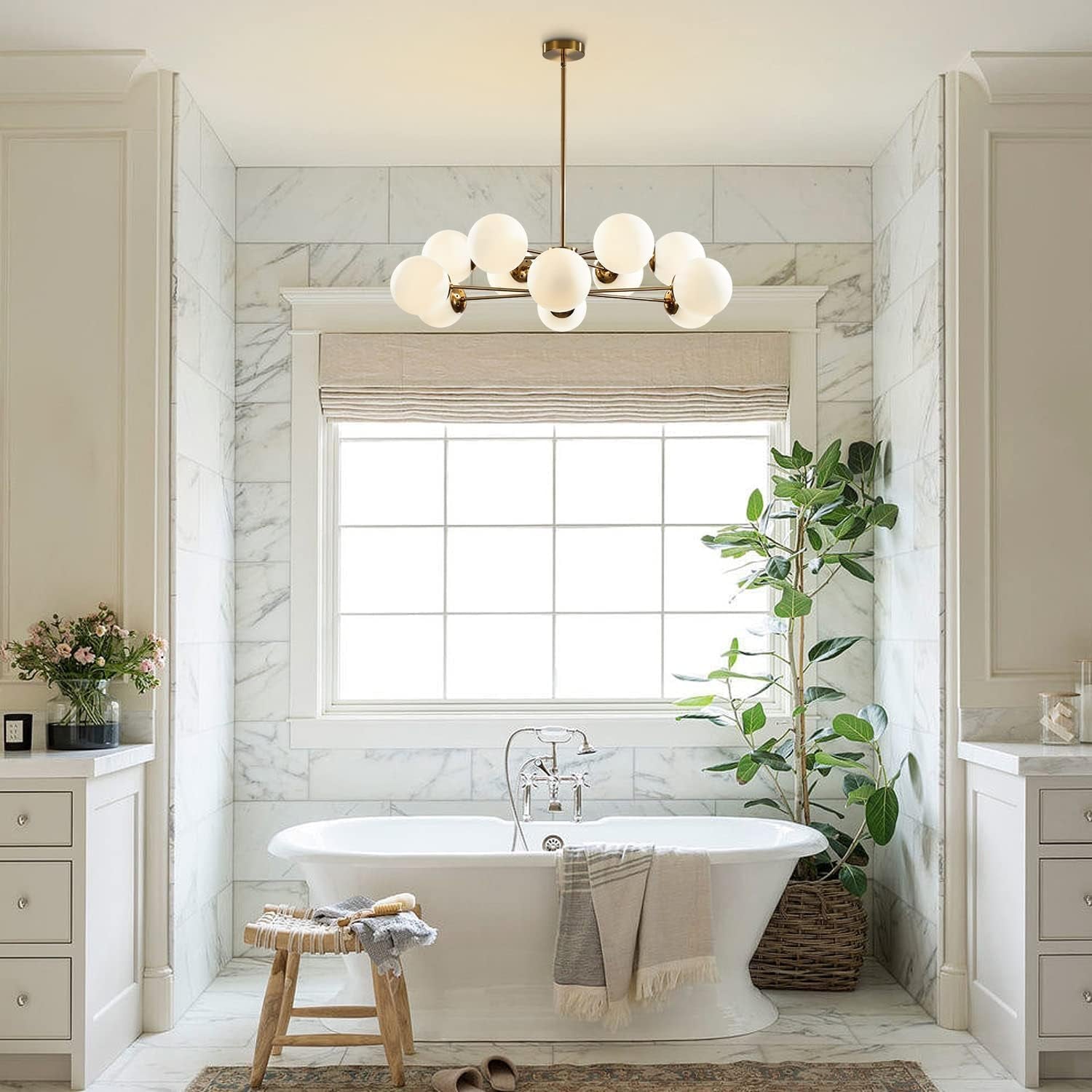 Lighting 12-Light Glass Globe Sputnik Chandelier Light Fixture Mid Century Modern Chandeliers Brushed Brass Chandelier Milk White Glass Ceiling Light Fixture (Gold+White)