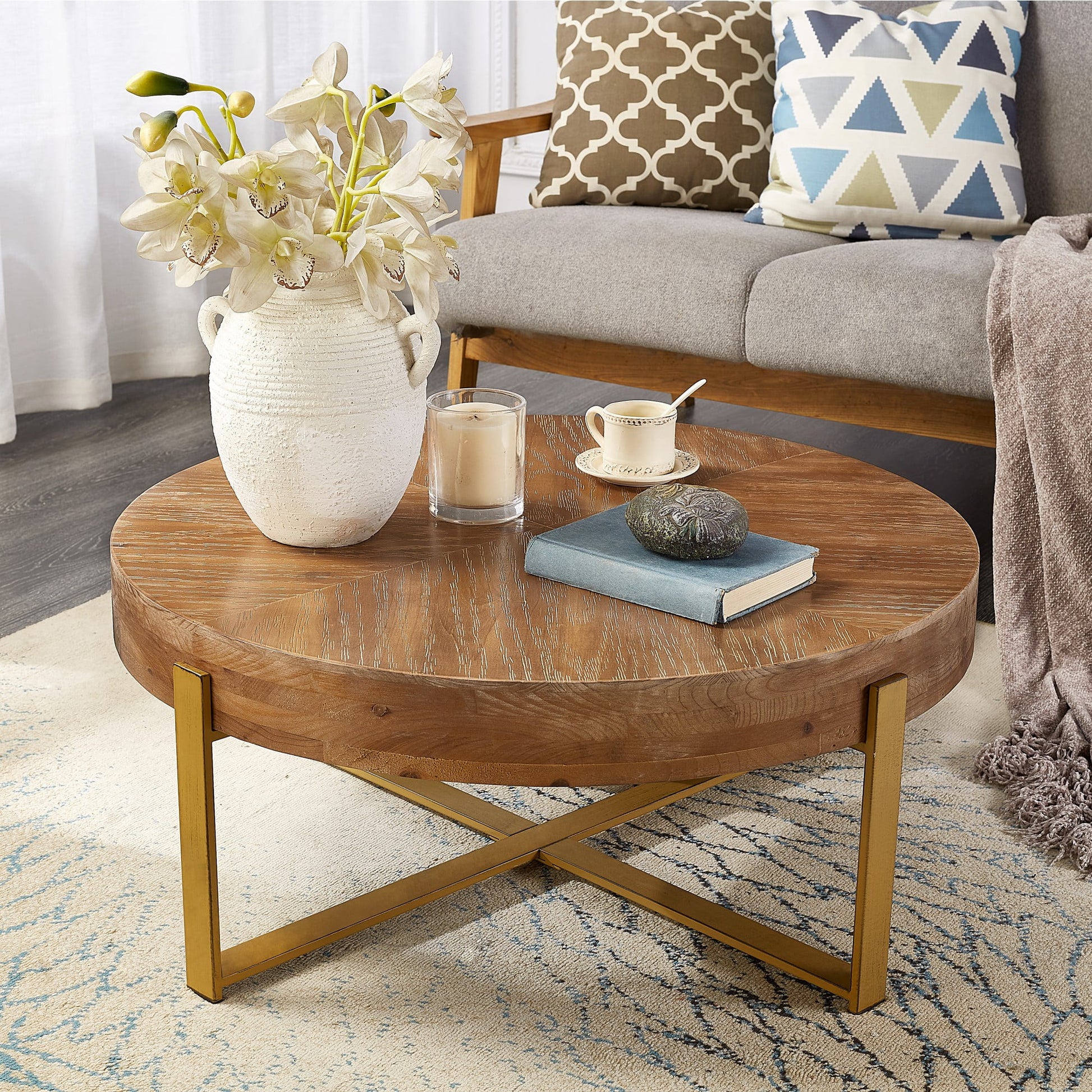 Coffee Table, 32" round Wood Center Table for Living Room, Mid Century Modern Farmhouse round Coffee Table with Gold Metal Legs, Brown
