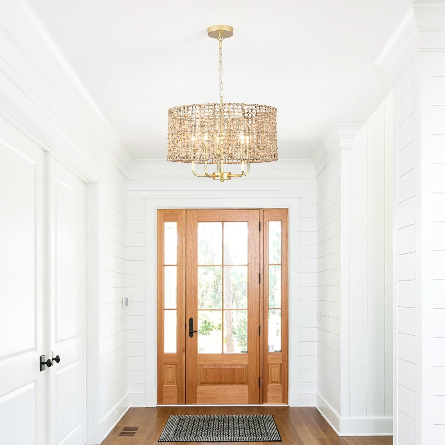 Hand Woven Rattan Chandelier 5 Lights Large Gold Farmhouse Chandelier with Wicker Shade Rustic Boho Pendant Light Fixtures Drum Chandeliers for Dining Room Kitchen Living Room Foyer Entryway Hallway