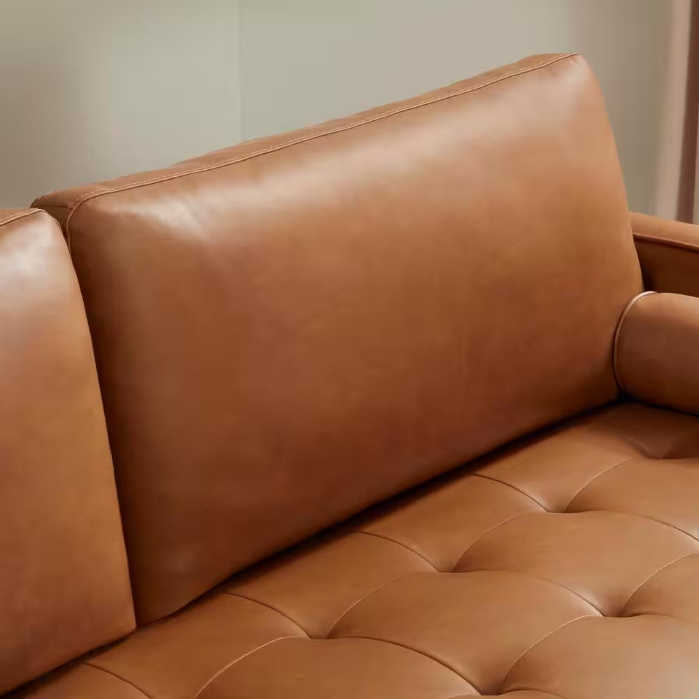 Goodwin 75.6 In. Square Arm Faux Leather Mid-Century Modern Sofa with Bolster Pillows in Caramel Brown