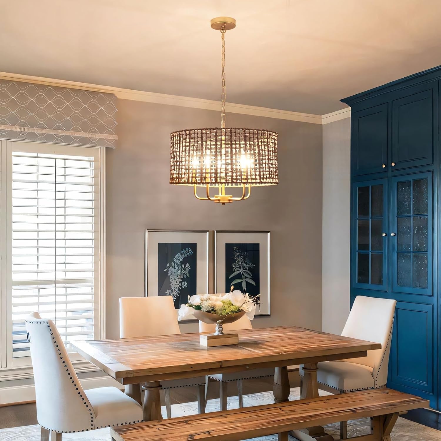 Hand Woven Rattan Chandelier 5 Lights Large Gold Farmhouse Chandelier with Wicker Shade Rustic Boho Pendant Light Fixtures Drum Chandeliers for Dining Room Kitchen Living Room Foyer Entryway Hallway