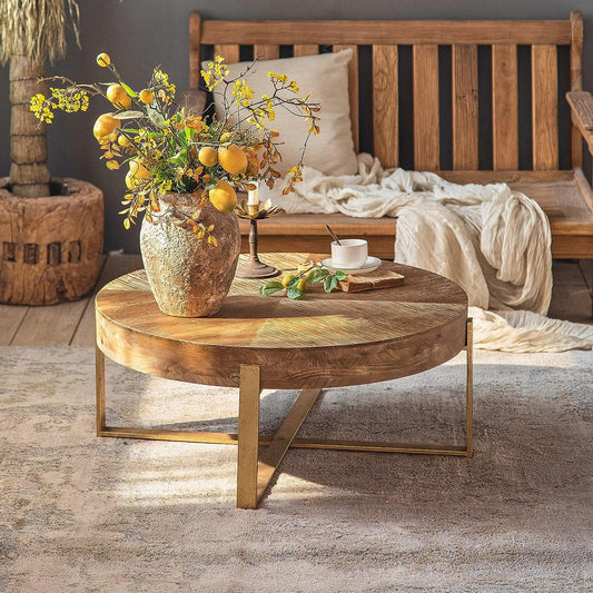 Coffee Table, 32" round Wood Center Table for Living Room, Mid Century Modern Farmhouse round Coffee Table with Gold Metal Legs, Brown