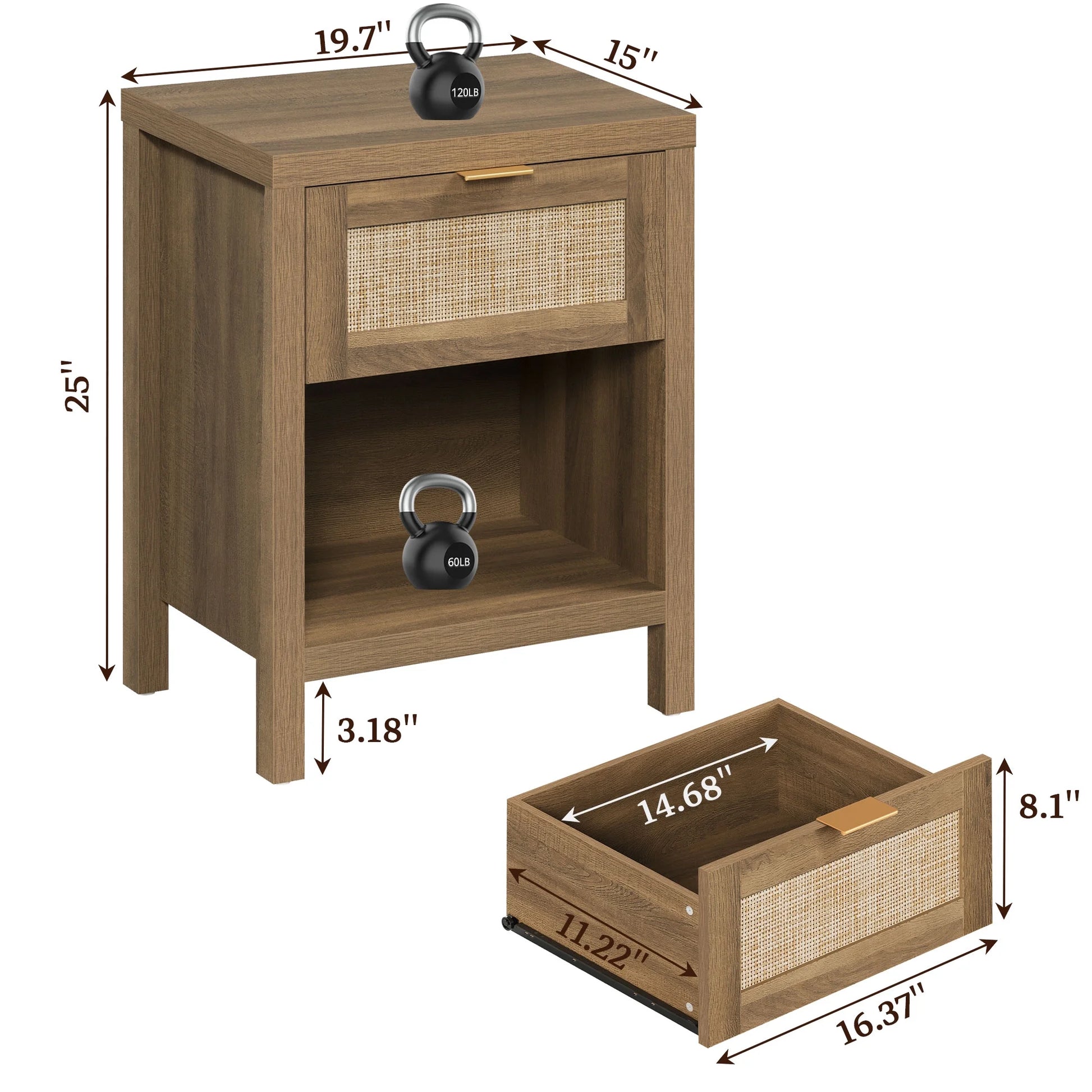 Rattan Nightstand Bedside Table with Drawer and Storage Shelf,Natural Boho Night Stand End Table Side Table for Bedroom, Living Room
