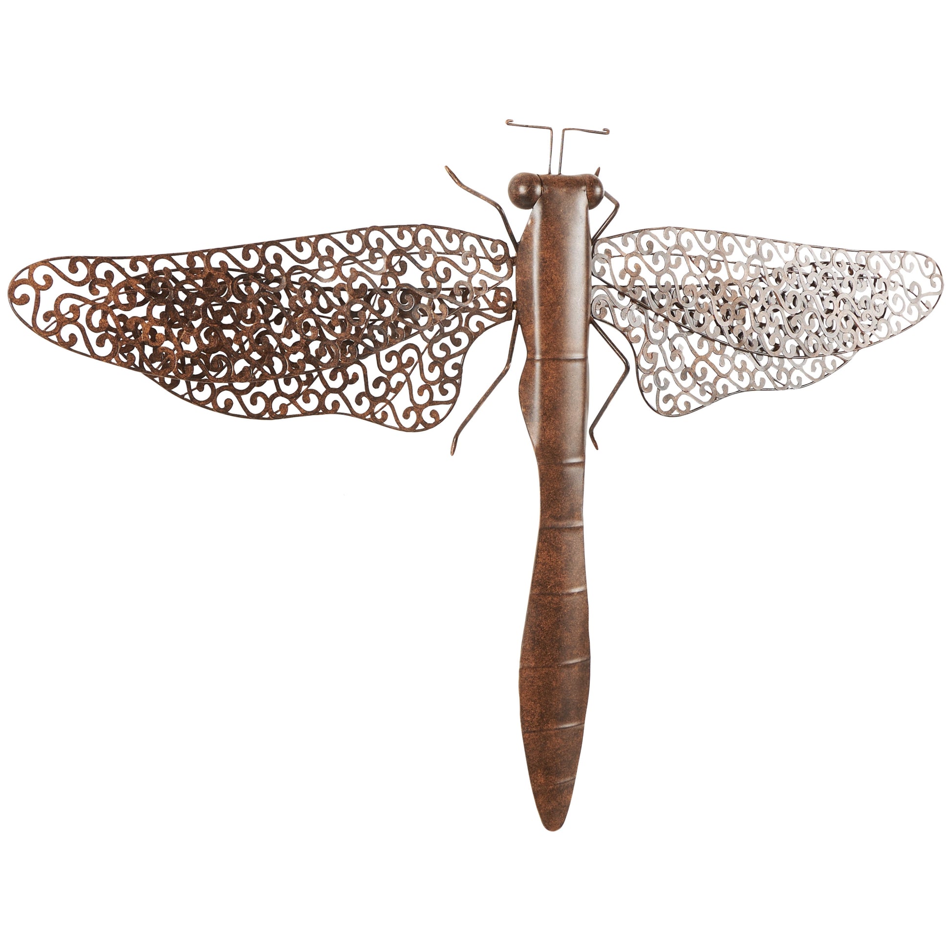 Rustic Metal Dragon Fly with Filligree Scroll Wing Pattern with Brown Textured Finish Wall Décor , 40"W X 30"H