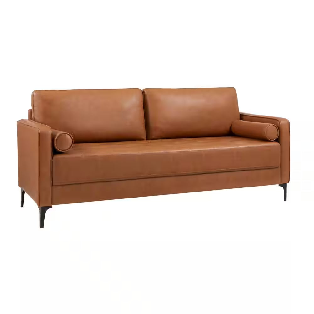 Goodwin 75.6 In. Square Arm Faux Leather Mid-Century Modern Sofa with Bolster Pillows in Caramel Brown