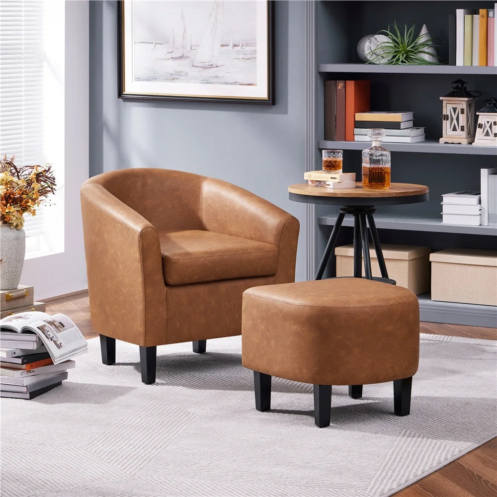 Barrel Accent Chair with Ottoman, Brown Faux Leather
