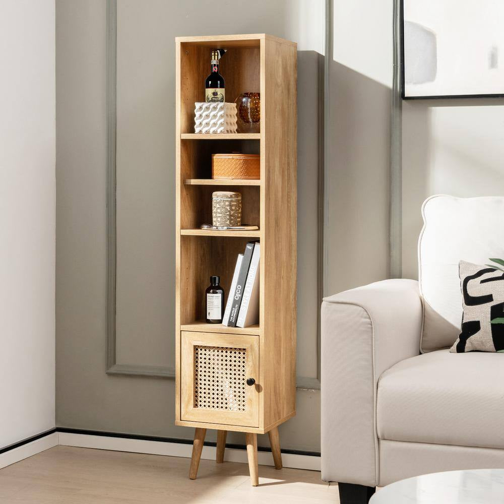 Natural Rattan Storage Cabinet Freestanding Slim Organizer Wood Display Rack Living Room