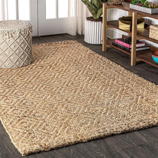NFR100A-8 Hira Hand Woven Diamond Chunky Jute Indoor Area-Rug Bohemian Farmhouse Easy-Cleaning Bedroom Kitchen Living Room Non Shedding, 92" X 120", Natural Color
