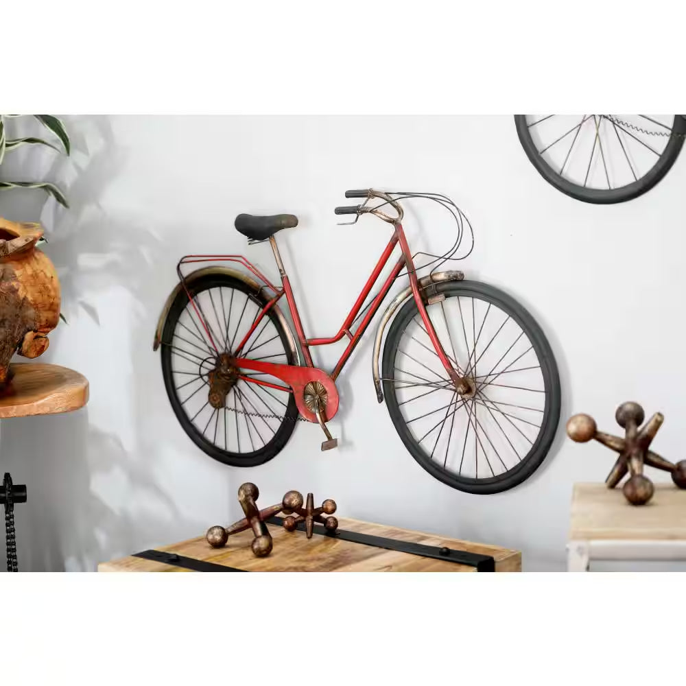 38 In. X 22 In. Metal Red Bike Wall Decor with Seat and Handles