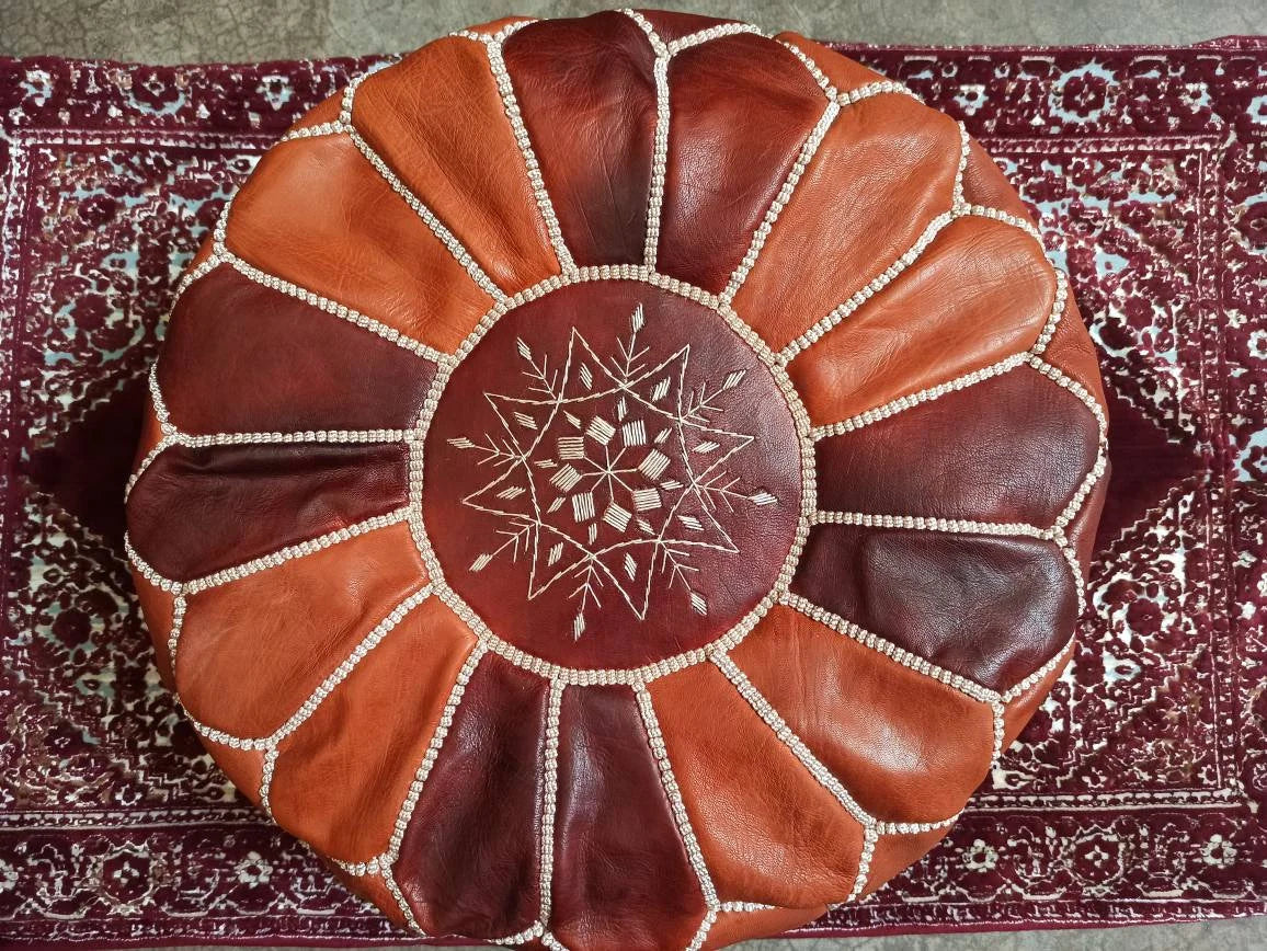 Pouf En Cuir Ottoman Couleurs Mélangées Marron Et Brun Foncé Fait À La Main Marocain Foulon En Cuir Véritable - Pouf Ottoman Repose-Pieds