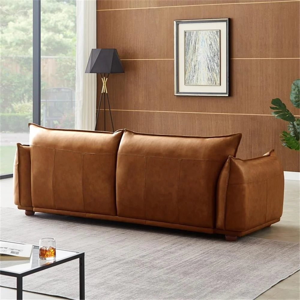 Mid-Century Modern Luxury Living Room Couch in Cognac Tan Leather