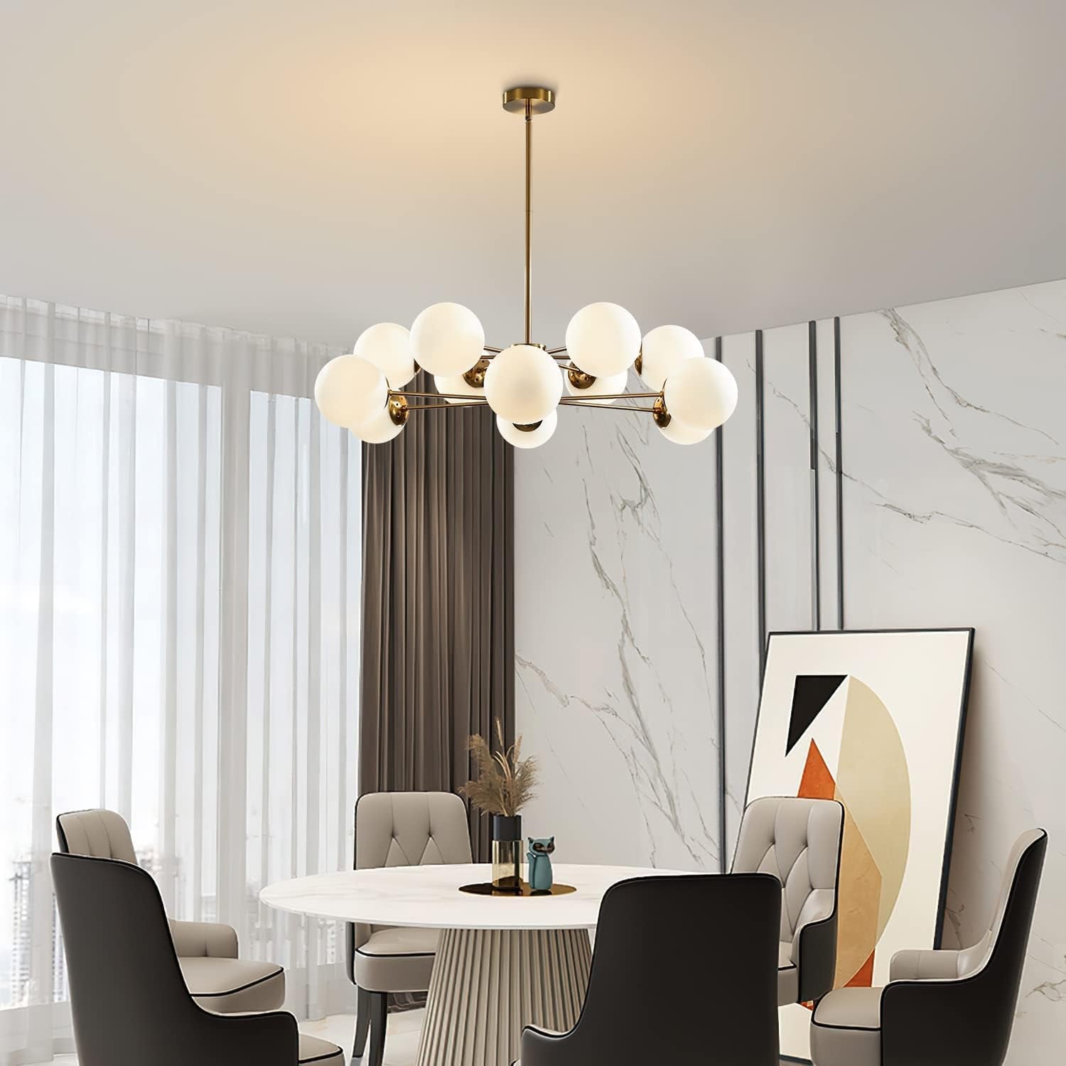 Lighting 12-Light Glass Globe Sputnik Chandelier Light Fixture Mid Century Modern Chandeliers Brushed Brass Chandelier Milk White Glass Ceiling Light Fixture (Gold+White)