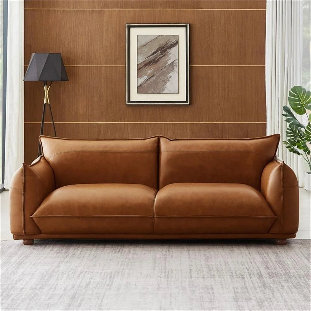 Mid-Century Modern Luxury Living Room Couch in Cognac Tan Leather