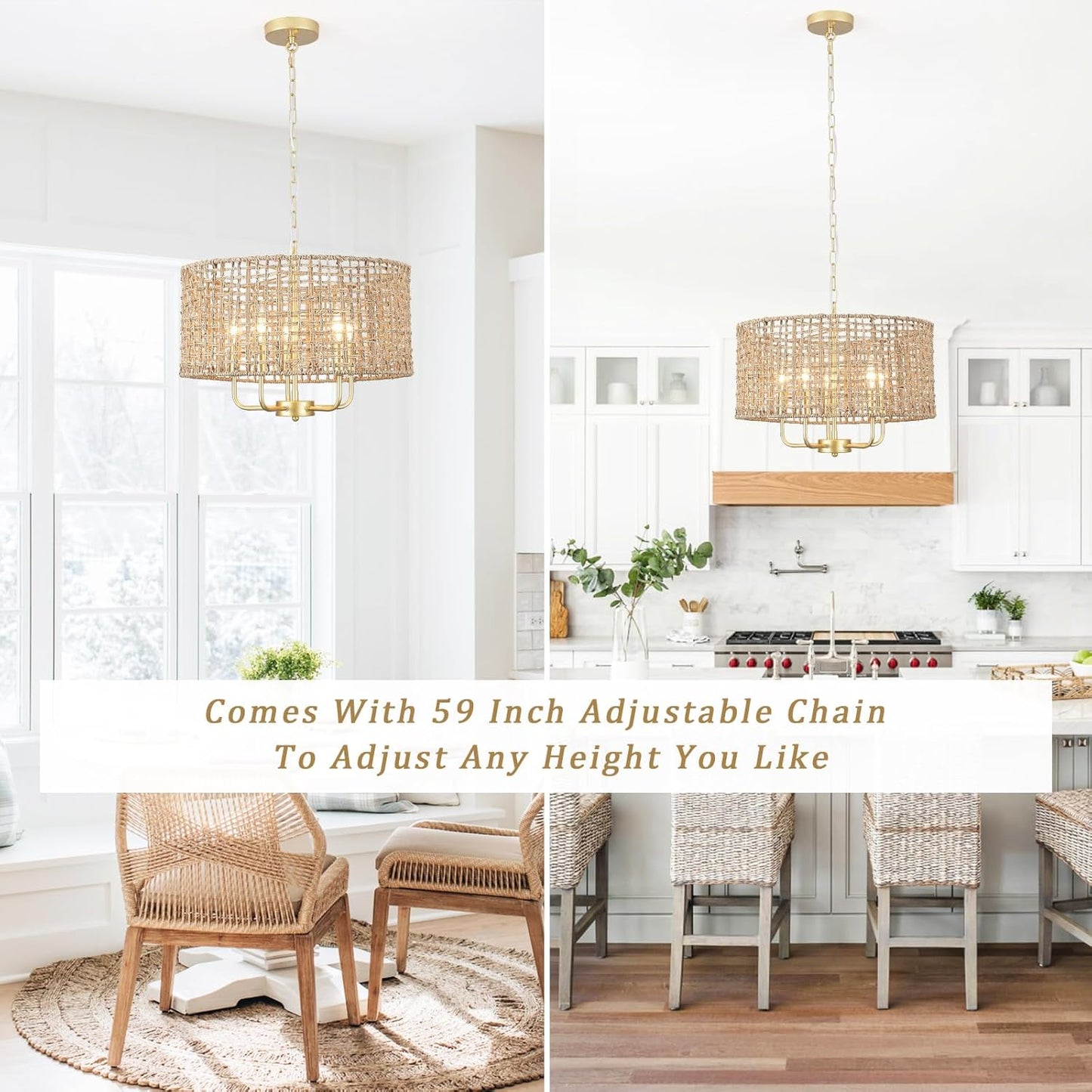 Hand Woven Rattan Chandelier 5 Lights Large Gold Farmhouse Chandelier with Wicker Shade Rustic Boho Pendant Light Fixtures Drum Chandeliers for Dining Room Kitchen Living Room Foyer Entryway Hallway