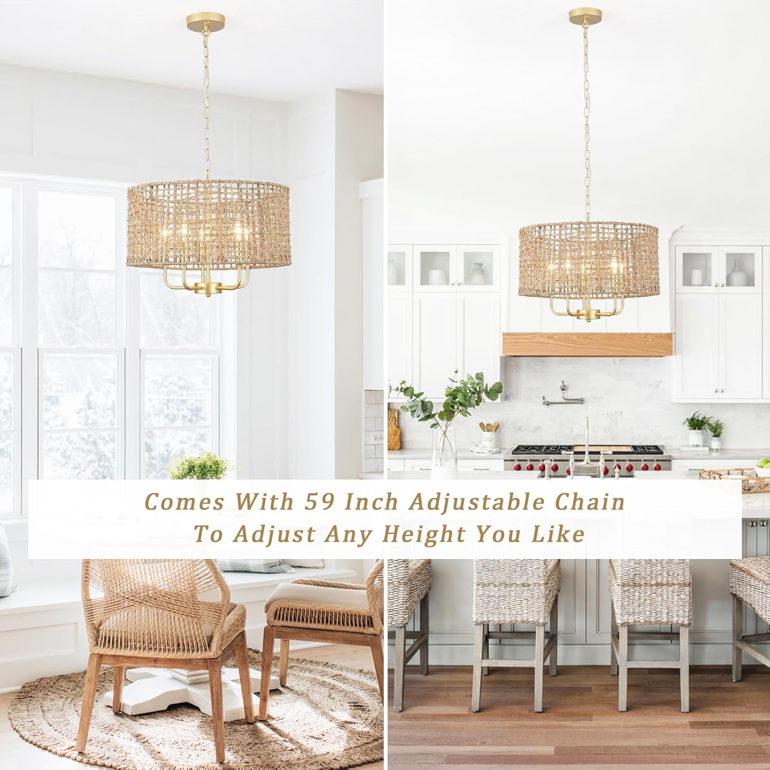 Hand Woven Rattan Chandelier 5 Lights Large Gold Farmhouse Chandelier with Wicker Shade Rustic Boho Pendant Light Fixtures Drum Chandeliers for Dining Room Kitchen Living Room Foyer Entryway Hallway