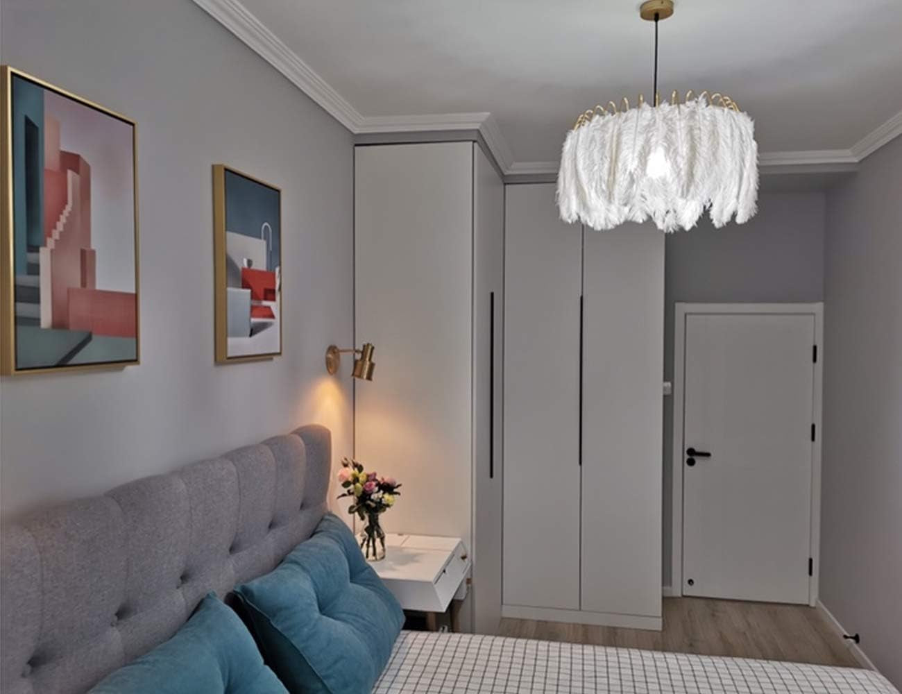 Lighting Nordic White Feather Chandelier Minimalist Decor Pendant Light Beautiful Adjustable Hanging Light for Bedroom Girls Room (Large)