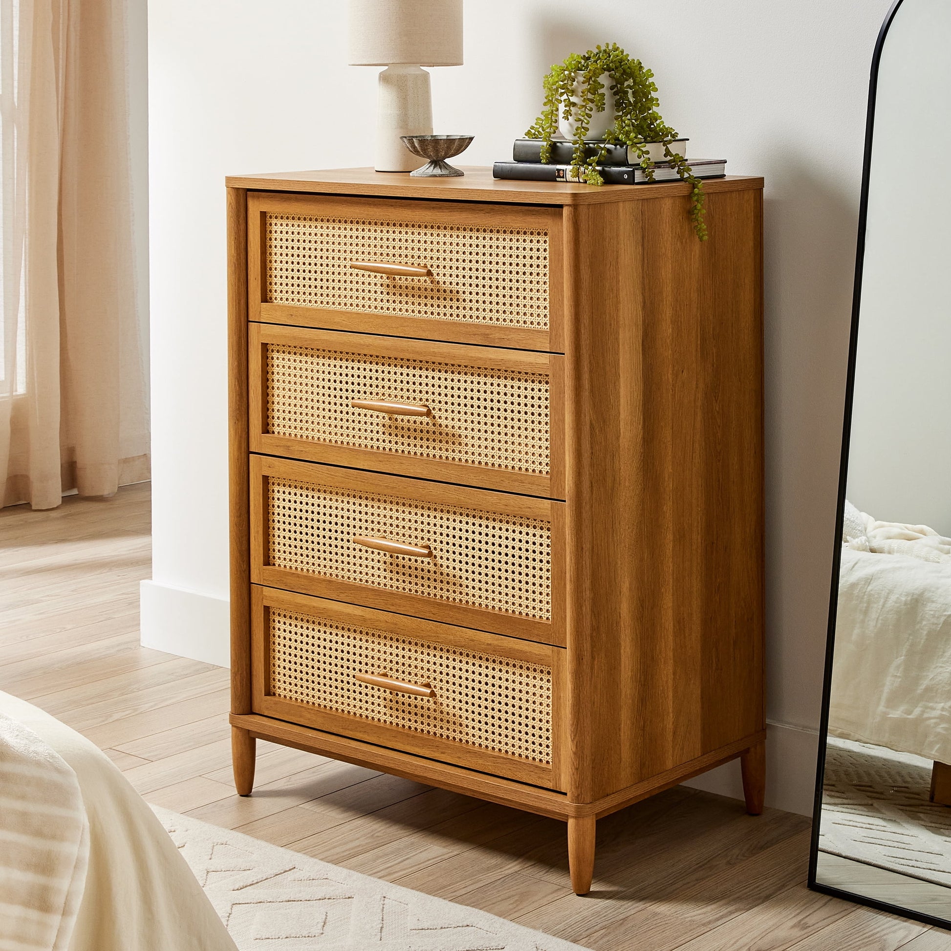 Springwood Caning 4-Drawer Dresser, Light Honey Finish